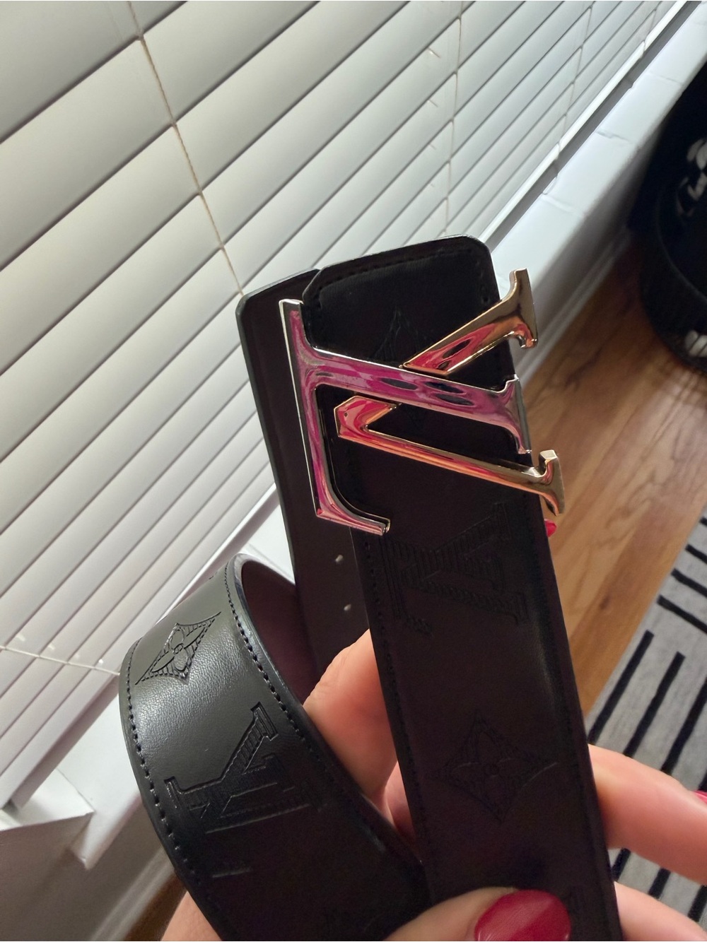 Louis Vuitton Black Leather Belt with Iridescent LV Buckle